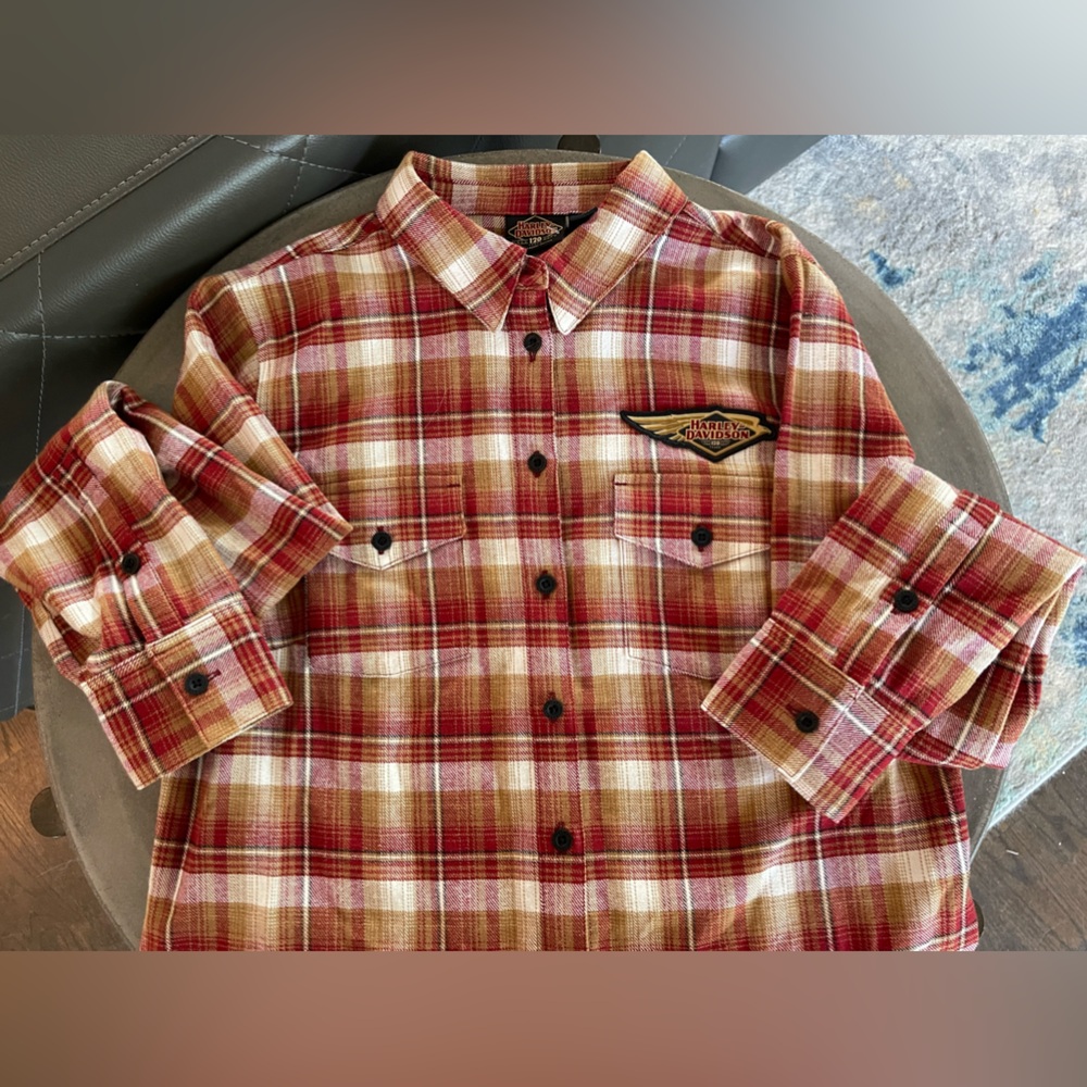 NWT Harley Davidson 120th Anniversary red and tan flannel women’s shirt small